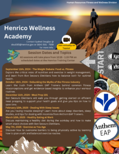 Flyer of session dates and topics for Henrico's Wellness Academy