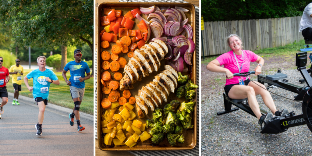 three images side by side to illustrate the fall wellness events ; men running outside, a sheetpan meal of a rainbow of vegetables with chicken, and someone using a row machine outside