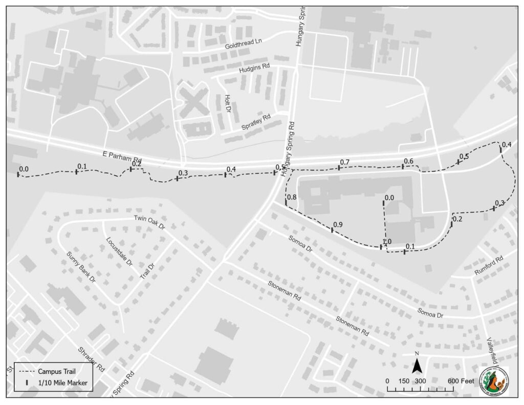 outline of a walking trail between and around the Henrico Western Government Center and the Henrico Training Center