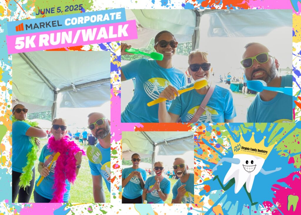 collage of pictures of three employees with photobooth props at the Markel Corporate 5k 2025