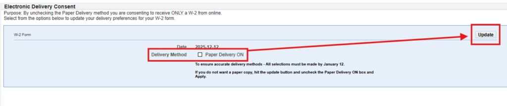 W2 Delivery Preference screen with arrows illustrating to unchecking the box then click update