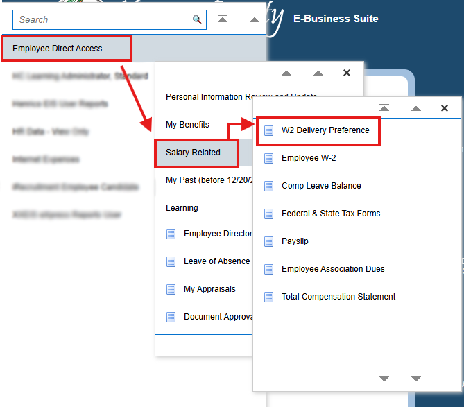 three menus with arrows showing that you click on "Employee Direct Access," then "Salary Related," and then "W@ Delivery Preference."