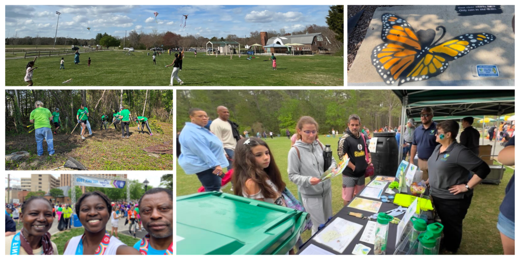 5 photo collage of kids flying kites on kite day, butterfly painted on a storm drain, people raking and pulling weeds and Woodland Cemetery, 3 people with the medals at the finish line of Monument Ave 10k, and children vising an info booth on Earth day