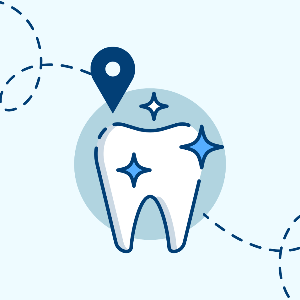 cartoon sparkly clean tooth with location icon and dotted pathway lines