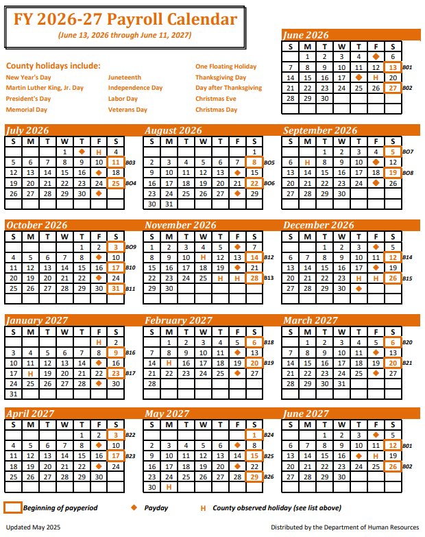 Fiscal Year Calendar 2026- 2027 with the County Holidays, pay days, and start of pay periods noted. Click the image for a pdf of the calendar.